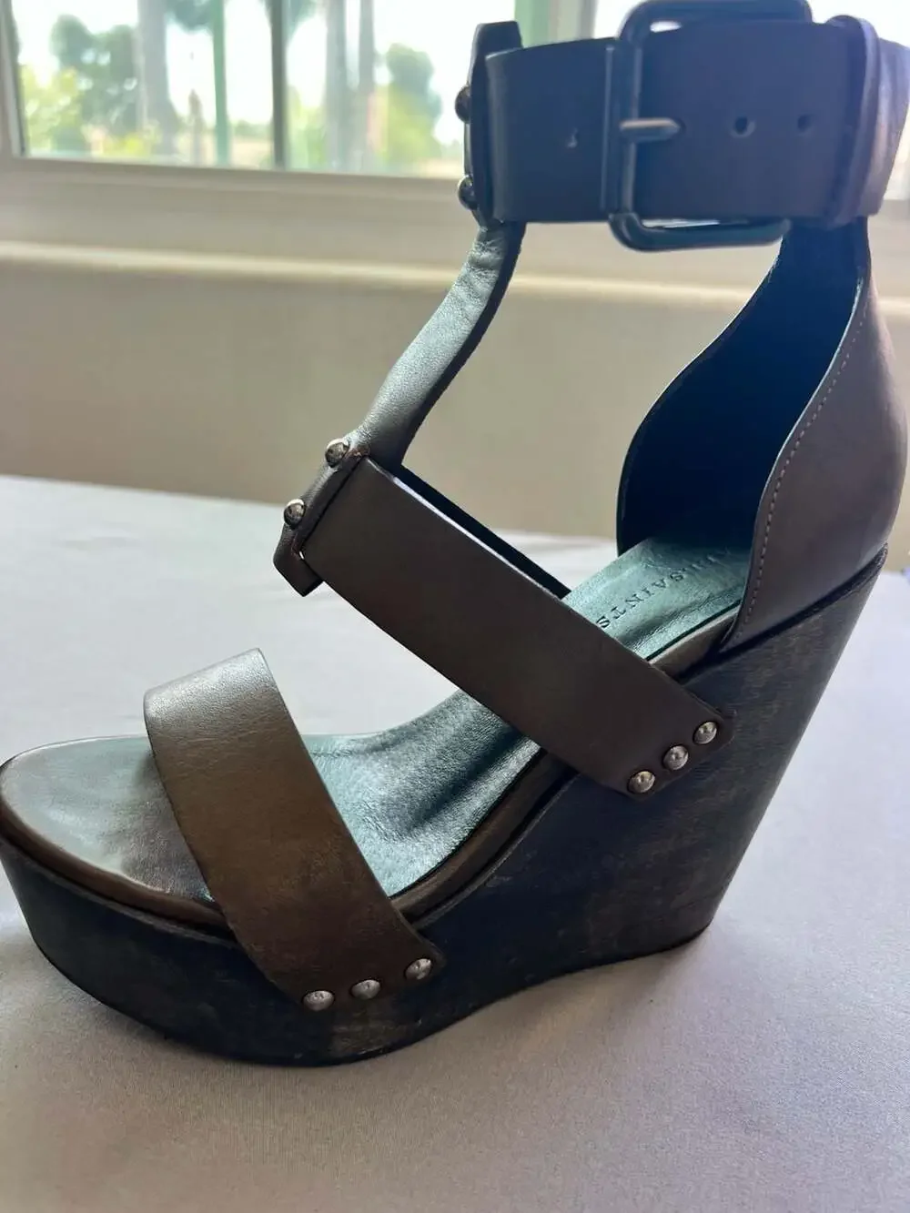 AllSaints Rotchko Brown Leather Studded Platform Wedge Sandals Size EU 36